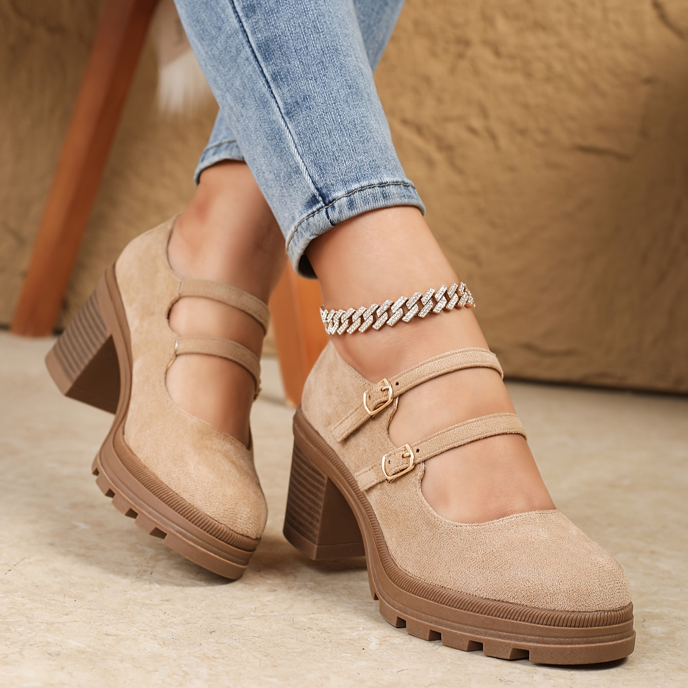 Women's Retro Chunky Heel Mary Jane Dance Shoes Beige Platform Slip-On Loafers