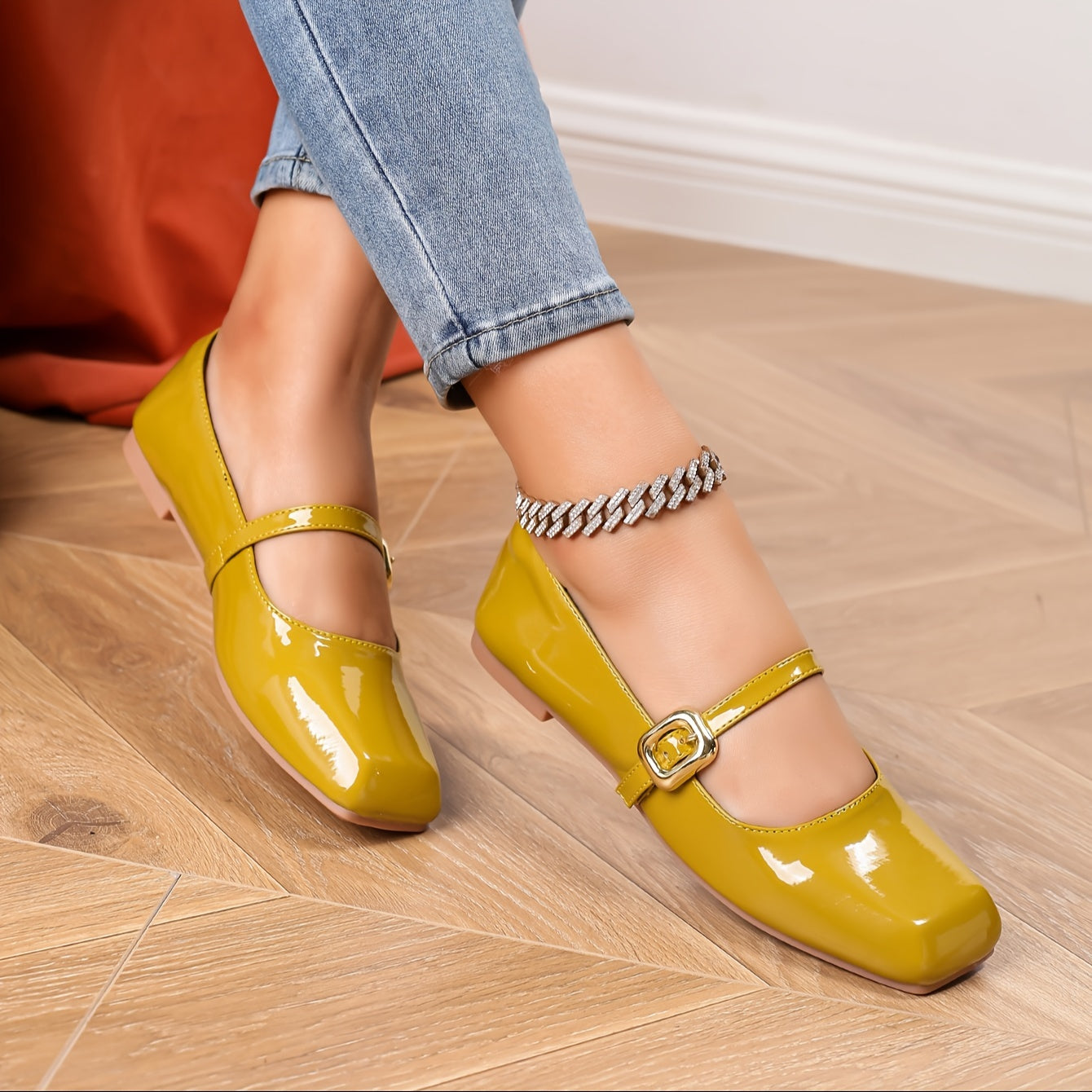 Women's Flat Shoes Mary Jane Square Toe Glitter Buckle Patent TPR Sole