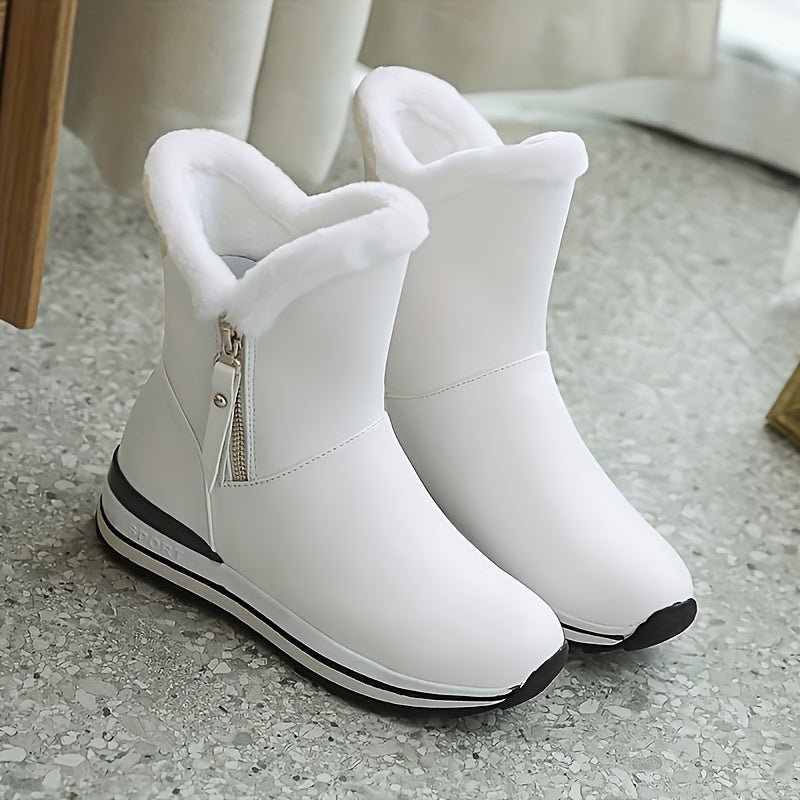 Women's Fleece-Lined Snow Boots Ankle Booties Zipper Solid Color