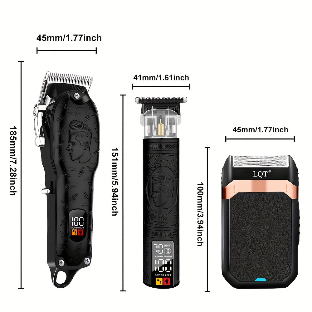 3pcs Men's Hair and Beard Trim Set Cordless Scissors Digital Display USB Rechargeable