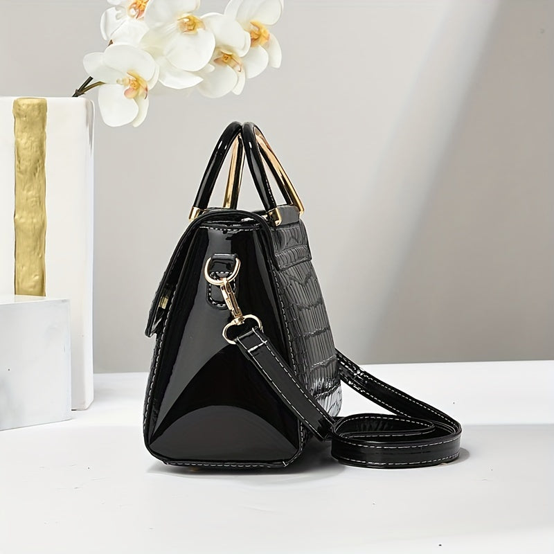 Стильная черная сумка через плечо с крокодиловым узором для женщин с магнитным замком и простым однотонным дизайном.