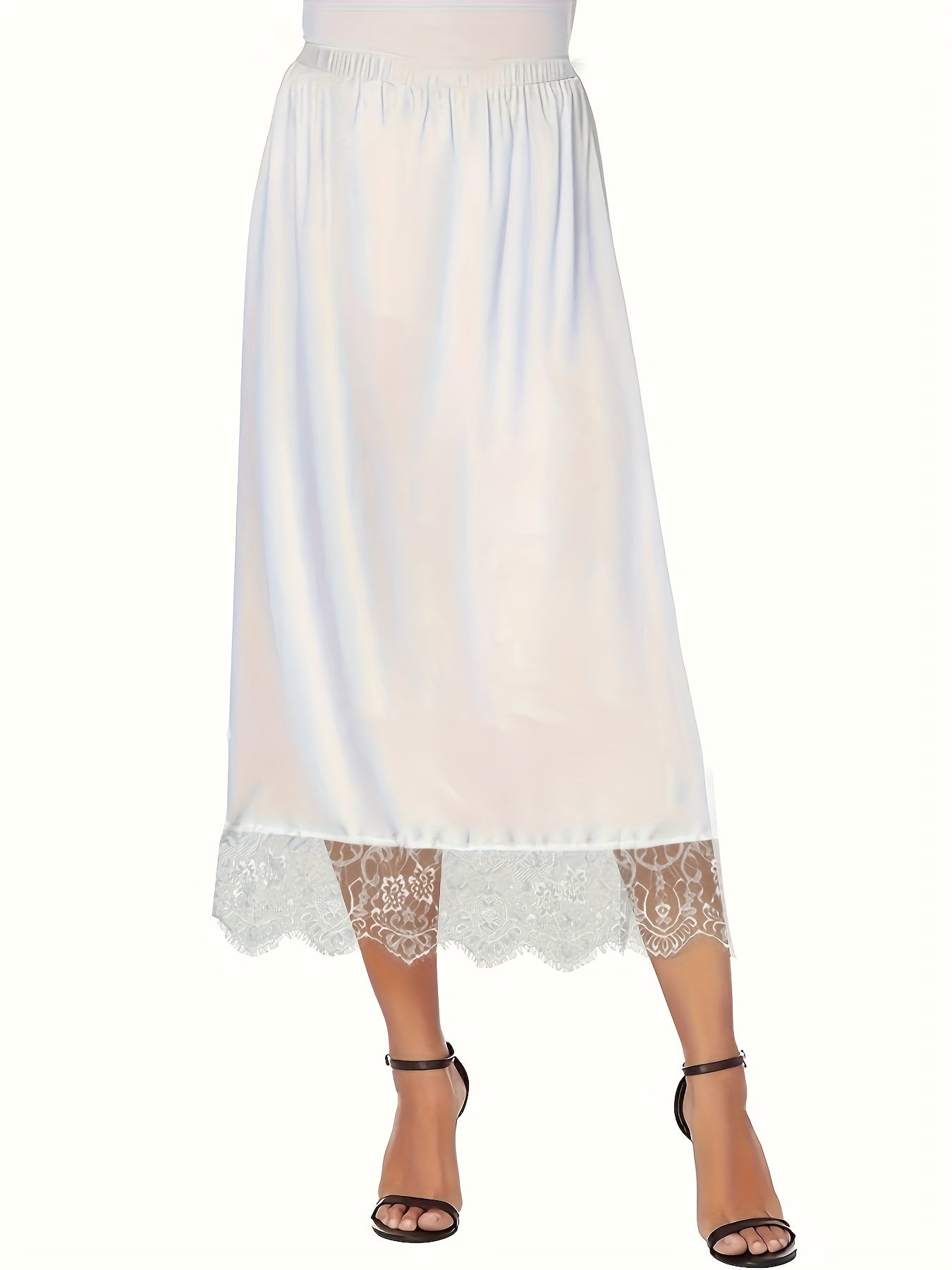 Women's Plus Size Midi Skirt with Lace Trim Polyester Flared Solid Color