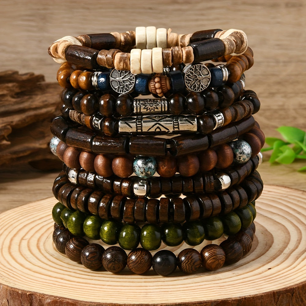 Set of 10 Bohemian Style Wooden Beaded Bracelets for Men Women Couple Gift