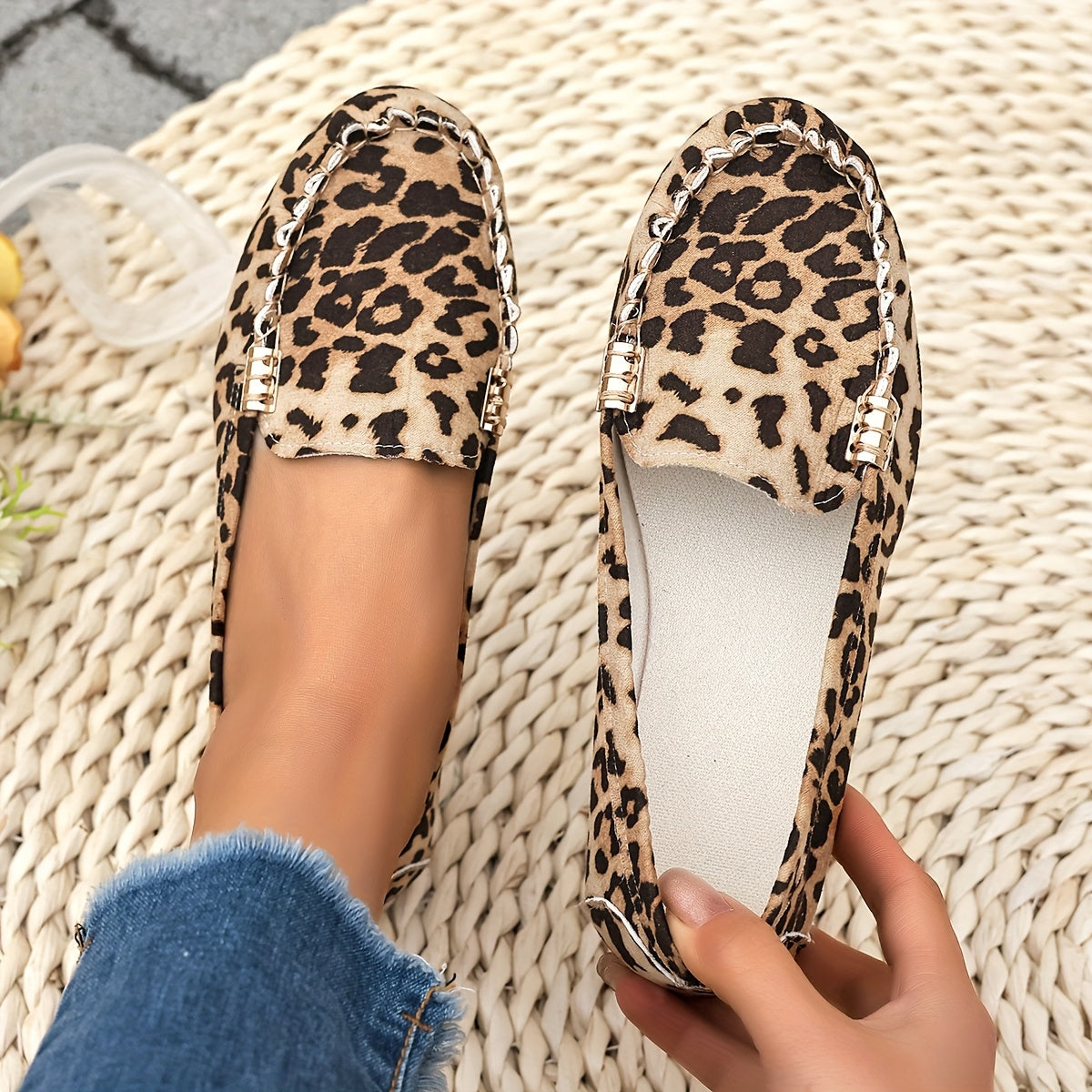 Women's Leopard Print Slip-On Loafers with Metallic Accents