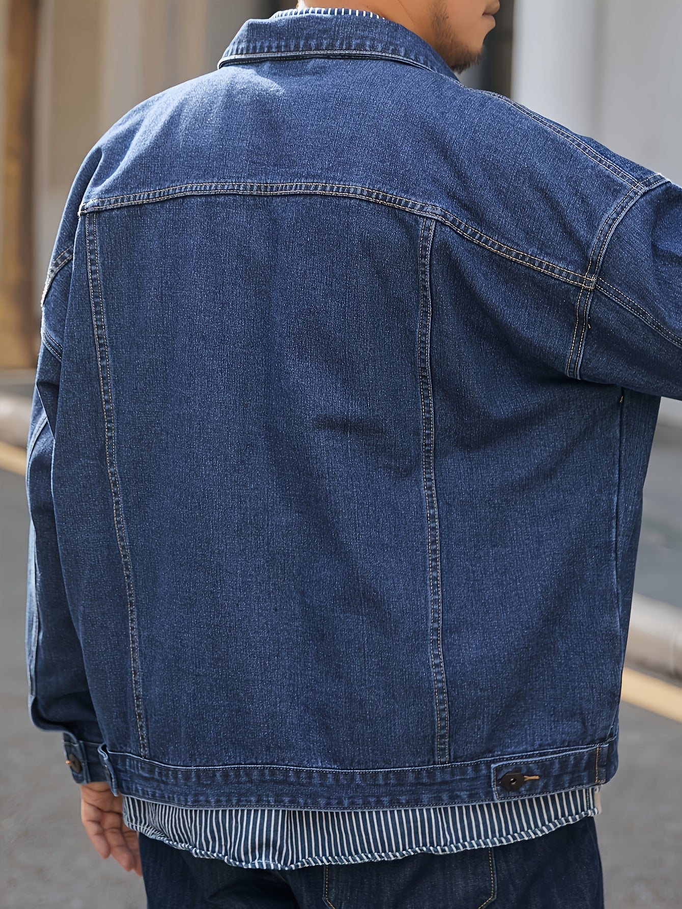 Men's Plus Size Denim Jacket in Washed Blue with Long Sleeves Chest Pockets and Button Front