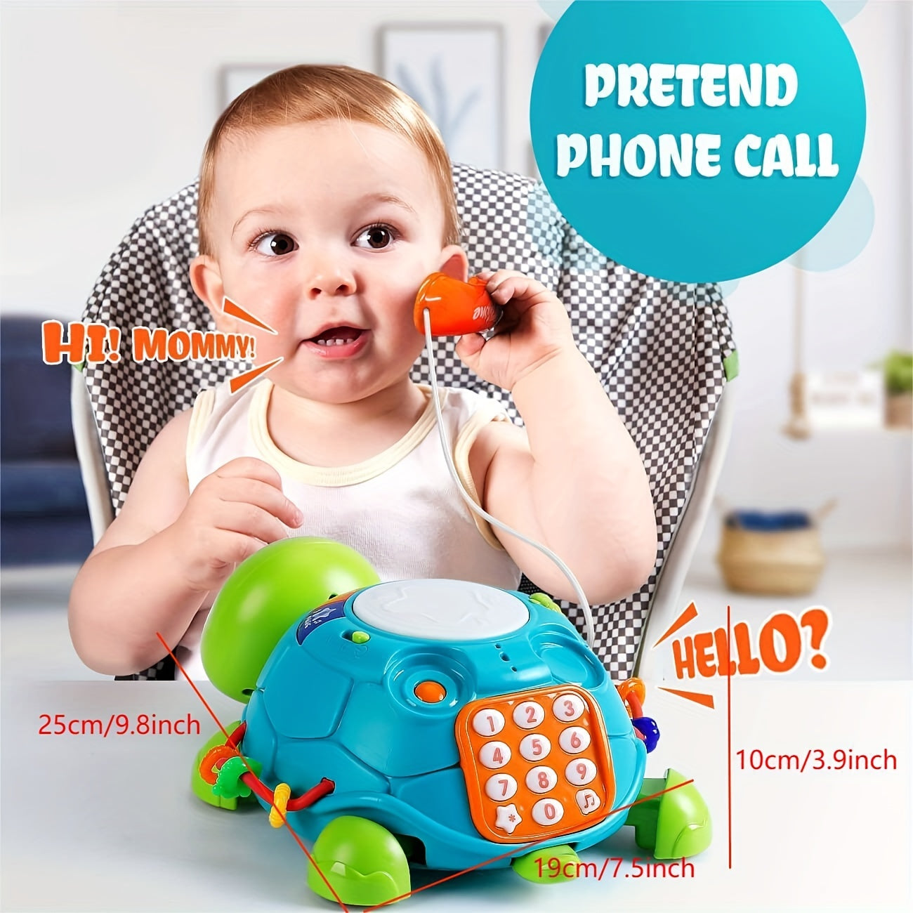 Bolalar uchun musiqa yoritilgan toshbaqa o'yinchoq - qo'l baraban, klaviatura, rangli tugmalar bilan ta'lim beruvchi, surish va o'rganish o'yinchoqi. Yashil/oq ABS materialidan tayyorlangan, birinchi tug'ilgan kun sovg'asi uchun ideal.