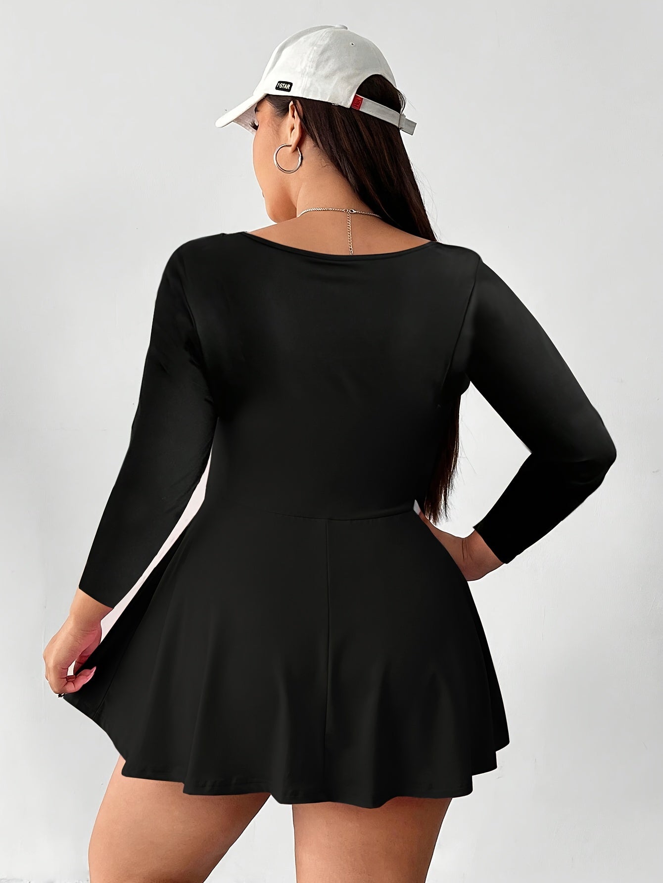 Plus Size Women's Black Square Neck Jumpsuit with Pockets and Flared Hem