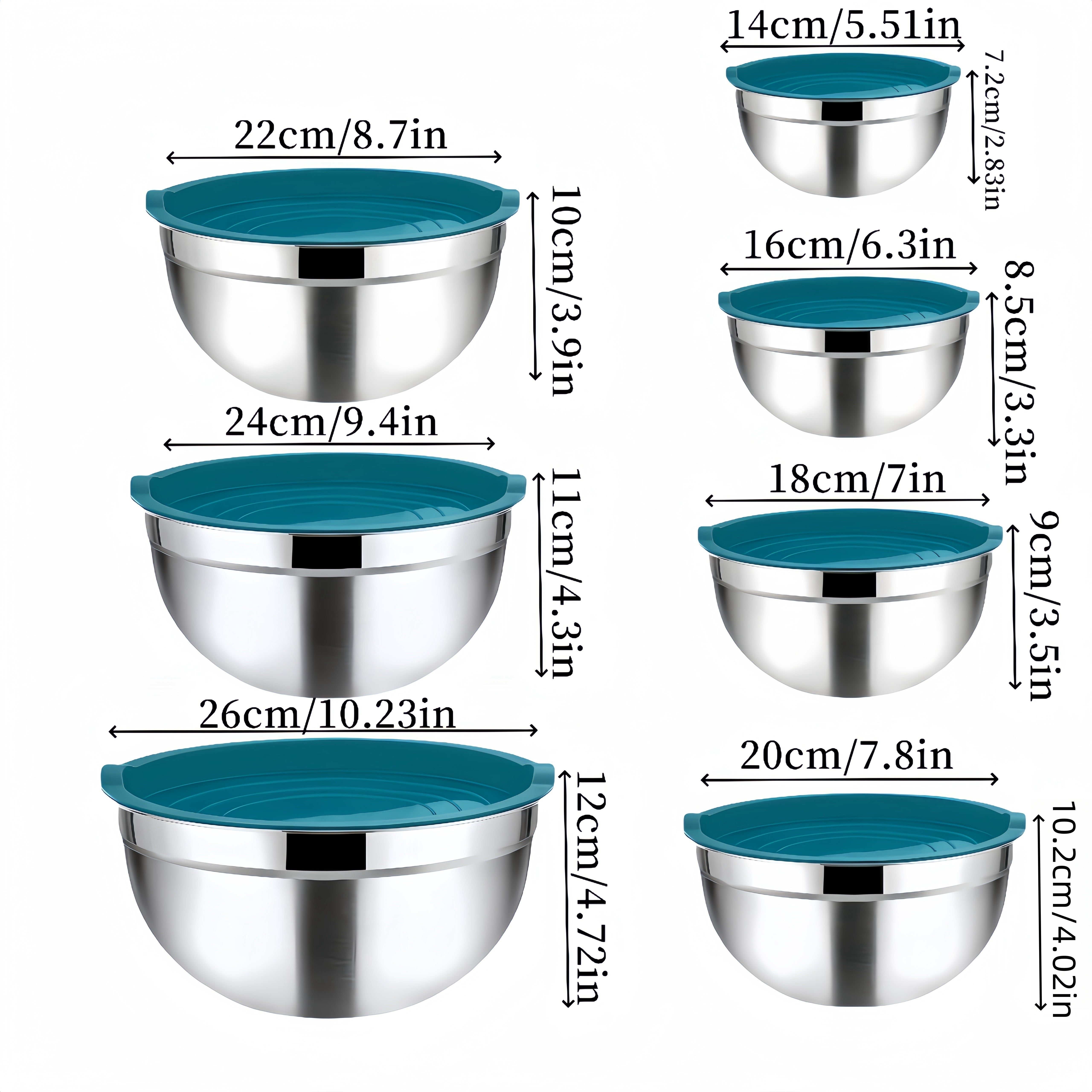 Stainless Steel Mixing Bowl Set 14 Pieces with Airtight Lids, Rust-Proof, Multiple Colors