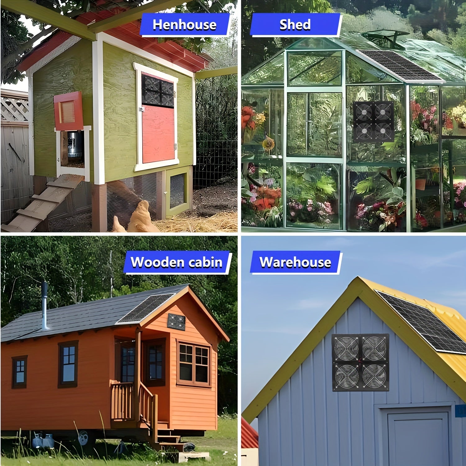 Quyosh energiyasi bilan ishlaydigan 25W ventilyator, litiy batareya bilan, it uylarida, issiqxonalarda va podvalda foydalanish uchun