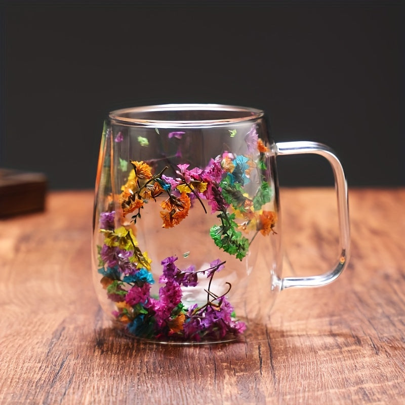 Double Layer Glass Coffee Mug with Flower Design Reusable Office Home Use