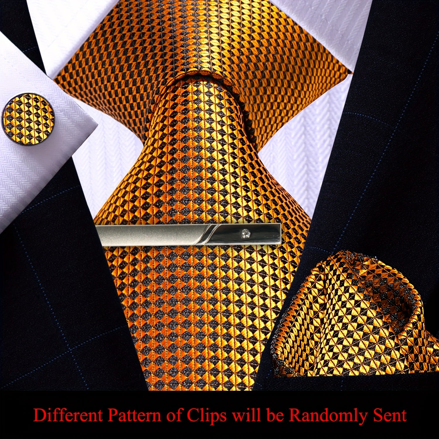 Men's Plaid Tie Pocket Square Cufflinks and Clip Set