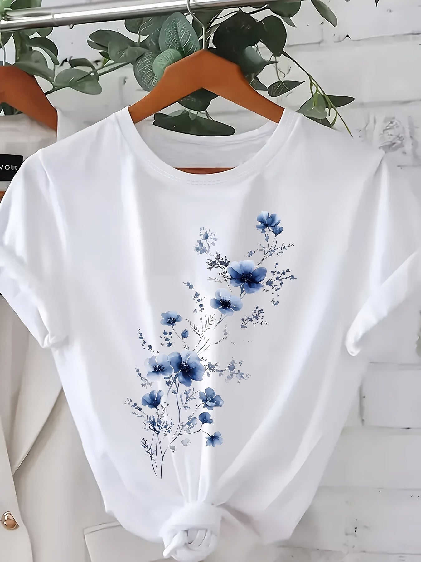 Plus Size Women's Floral Print T-Shirt Blue Short Sleeve Casual Top