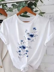 Plus Size Women's Floral Print T-Shirt Blue Short Sleeve Casual Top