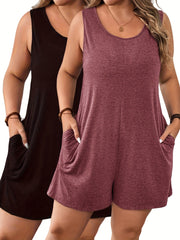 Plus Size Women's Solid Color Sleeveless Jumpsuit Two-Piece Set