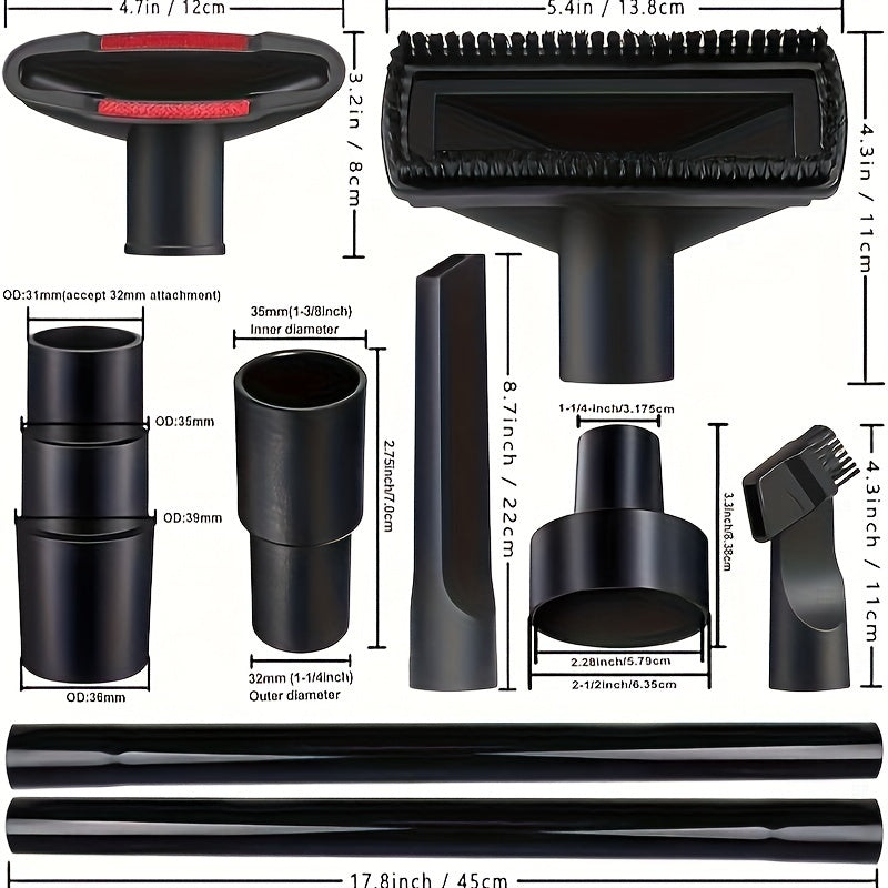 10-Piece Vacuum Cleaner Accessory Kit Plastic Hose Adapter Horsehair Brush Wet Dry Use