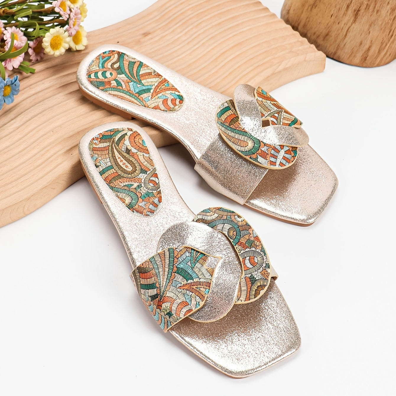 Women's Ethnic Flat Sandals TPR Sole Faux Leather Upper Summer Slip-On Square Toe