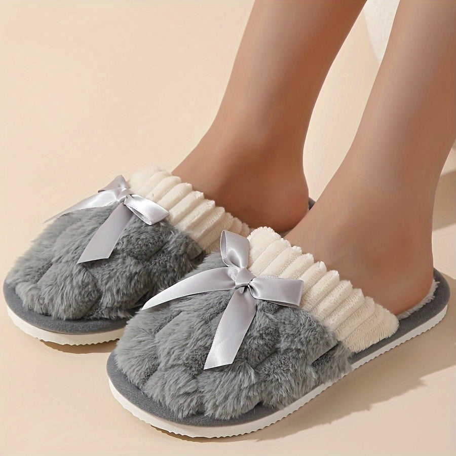 Winter Plush Cozy Non-Slip Fabric Slippers with Flat Bowknot for Home Warmth