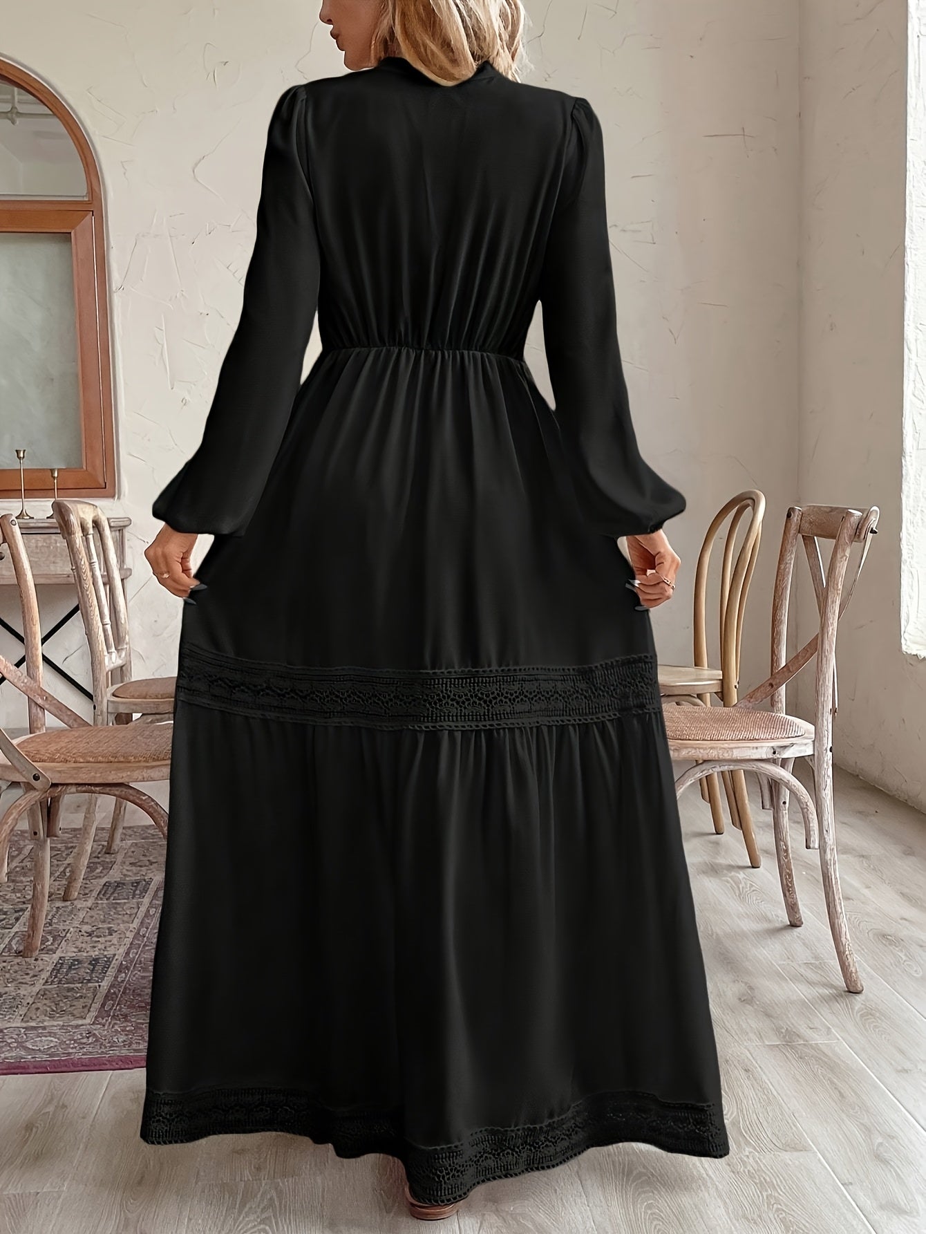 Women's Black Maxi Dress with Lace Detailing High Waist Long Sleeves All-Season Polyester