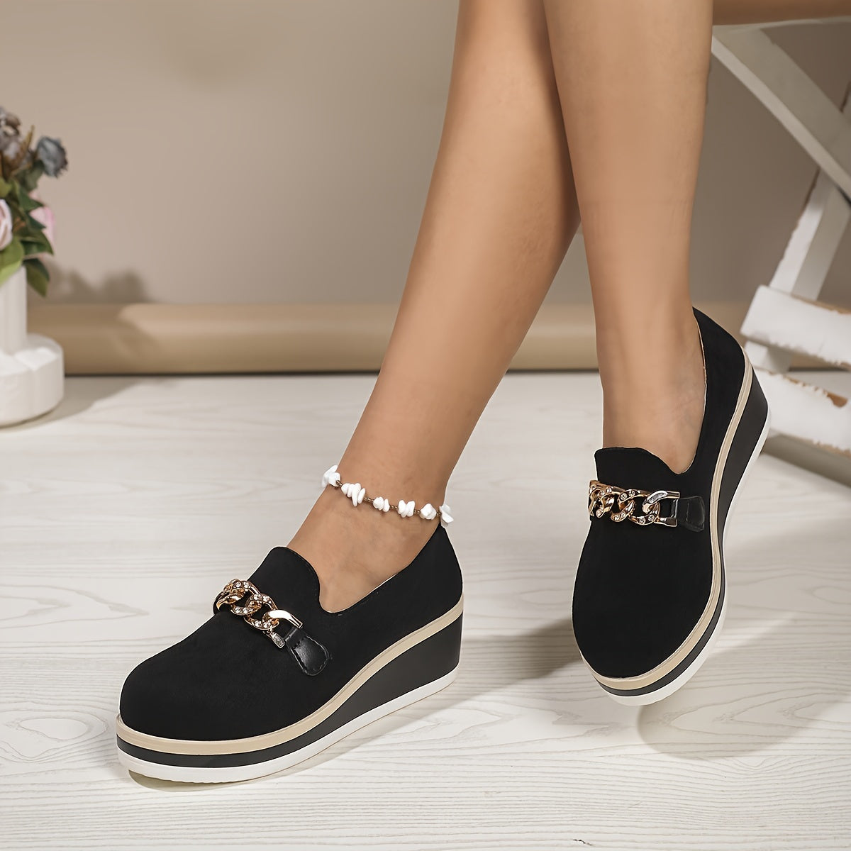 Women's Black Slip-On Loafers with Gold Chain Rhinestone Accents