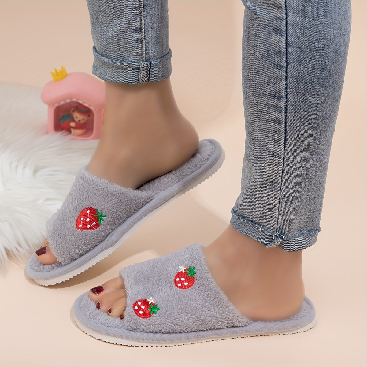 Women’s Strawberry Embroidered Open-Toe Slippers with Non-Slip EVA Sole