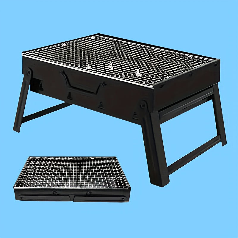 Portativ yigʻiladigan kulrang grill, yon paneli, shishlik tutqich va spatula bilan, lager, piknik va barbekyu uchun ideal. Oson ko‘chirish, kichik va bardoshli konstruktsiya. Ochiq havoda pishirish