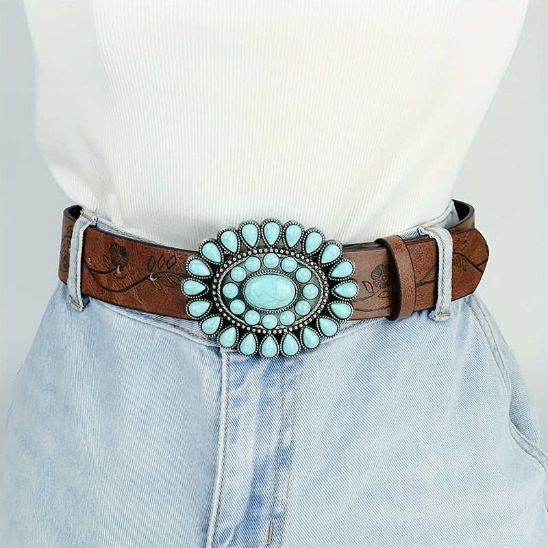 Ayollar uchun jigarrang emboss qilingan PU charm G'arbiy kamar va turkuaz tokchali buckl bilan