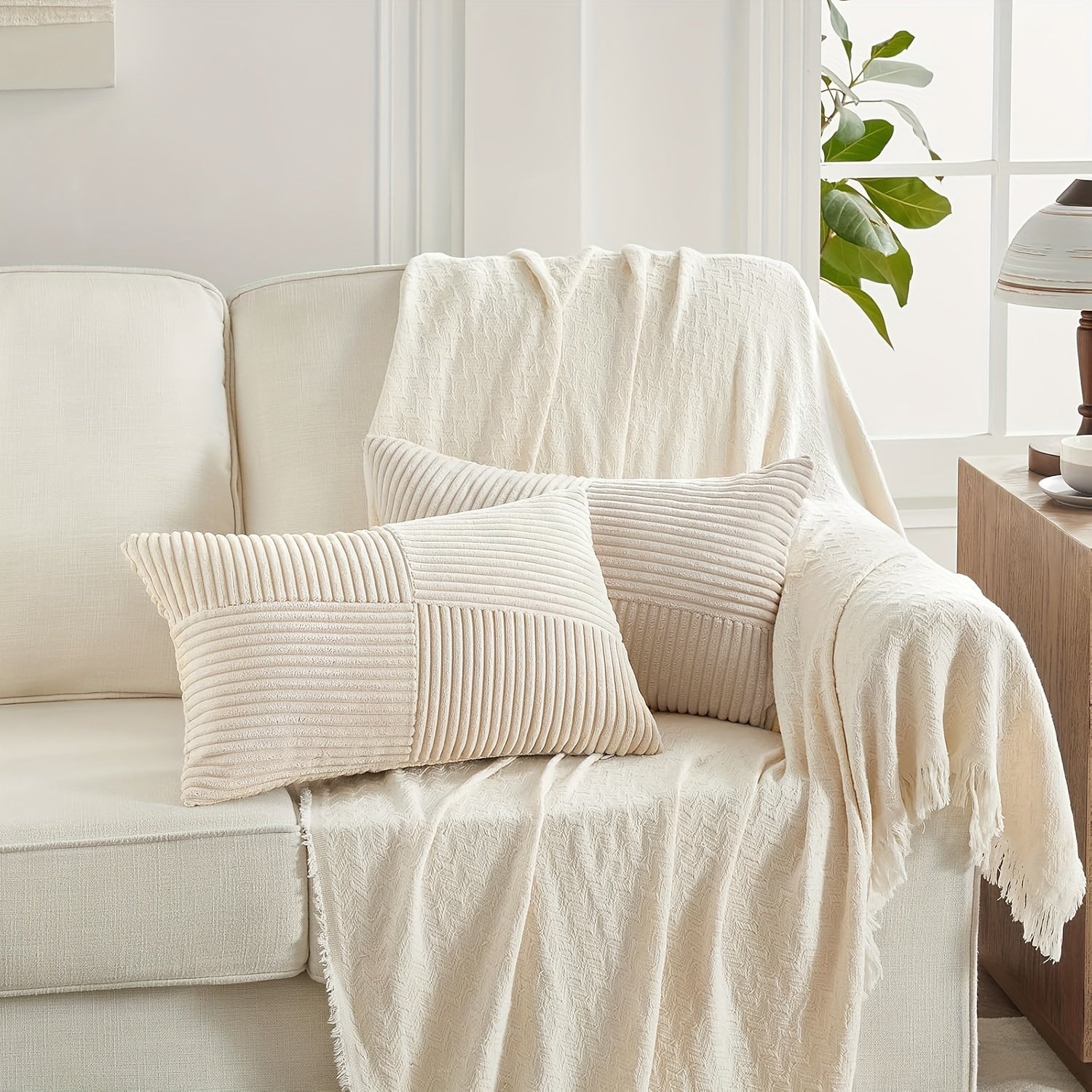 Bohemian Style Corduroy Throw Pillow Covers 2-Pack 45.72x45.72 cm Zippered Polyester Square Cushion Cases for Sofa Bed