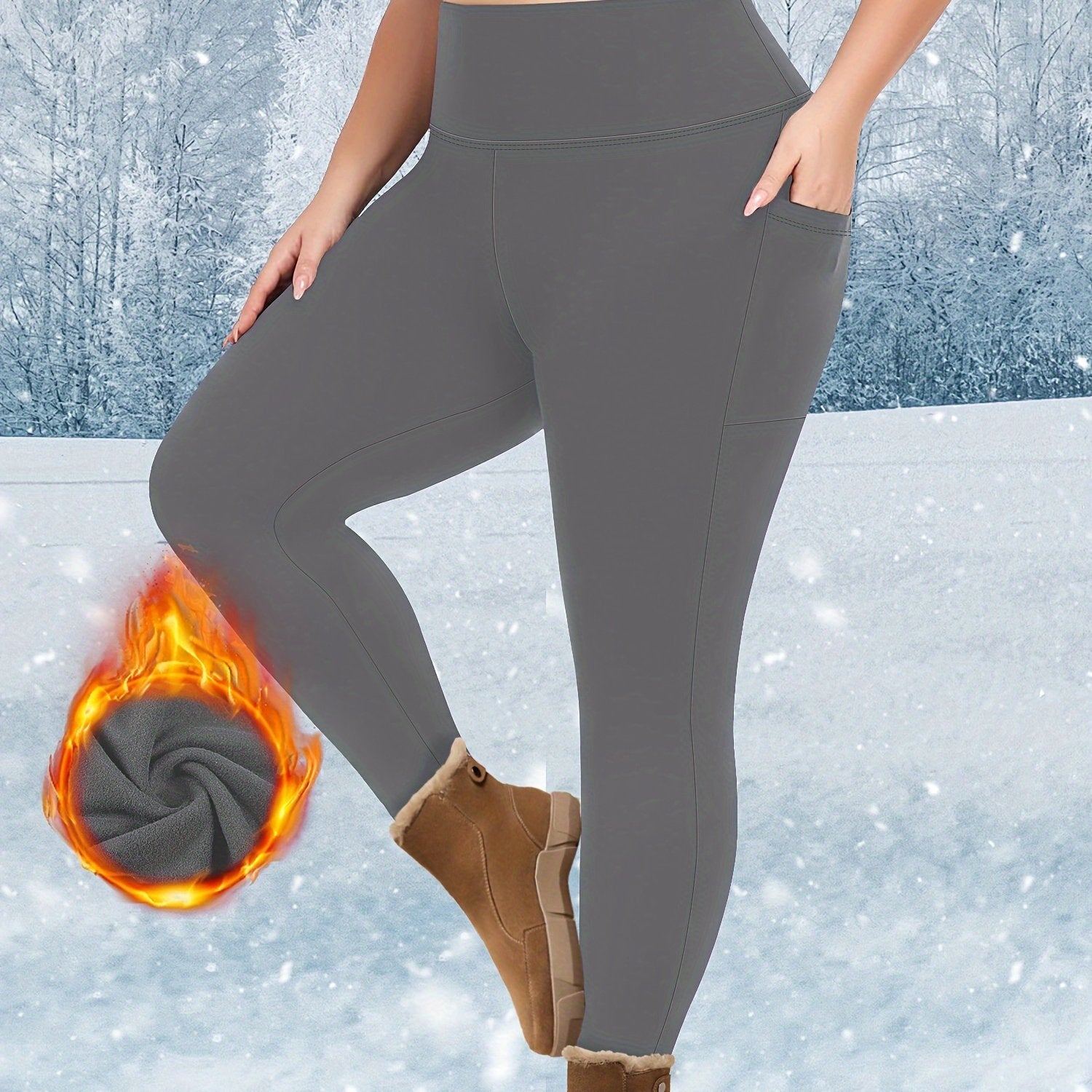 Plus Size Warm Plush Lined High Waist Leggings With Pockets for Women