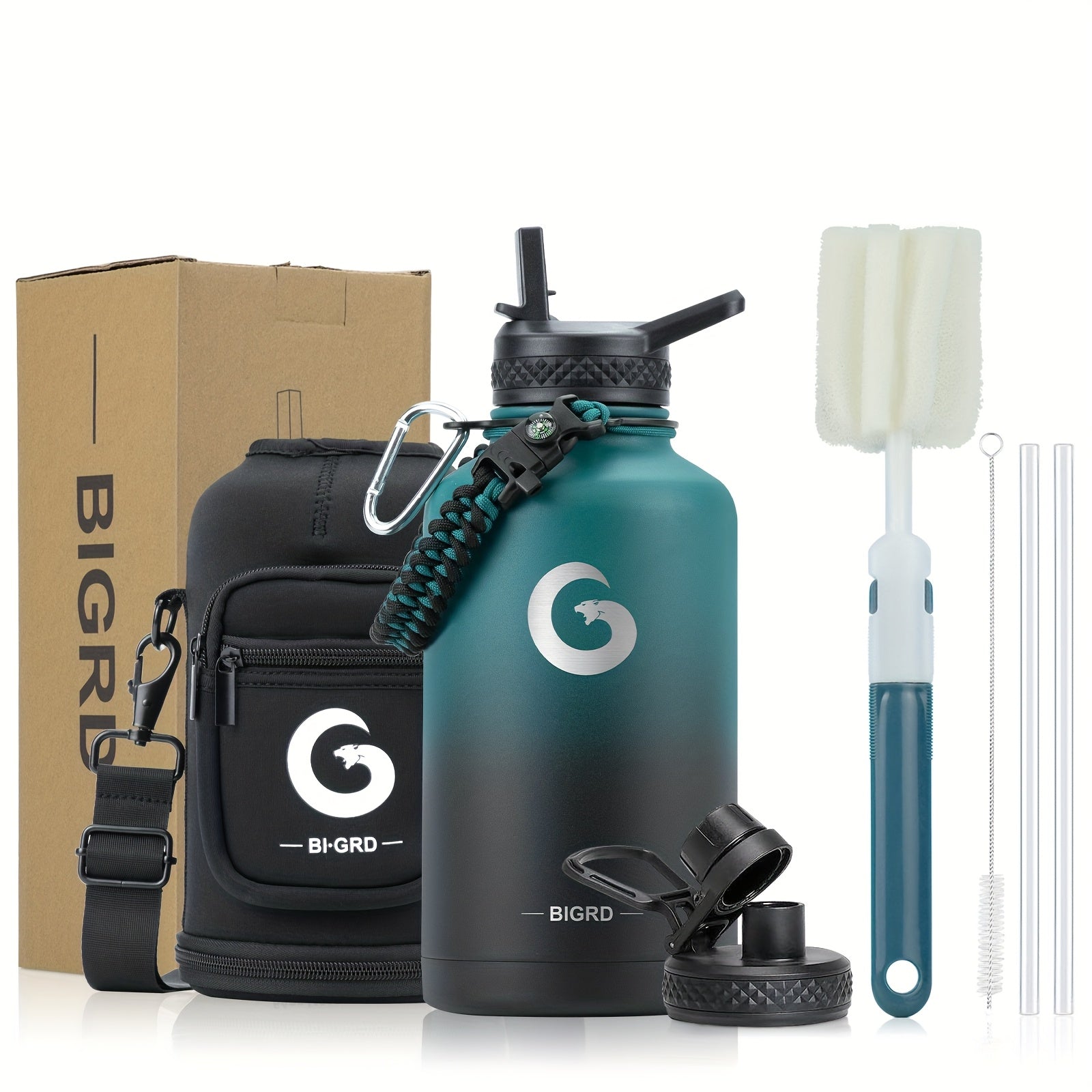 Insulated Water Bottle 40oz/1183ml or 64oz/1893ml Stainless Steel Vacuum with Paracord Handle and Straw Spout