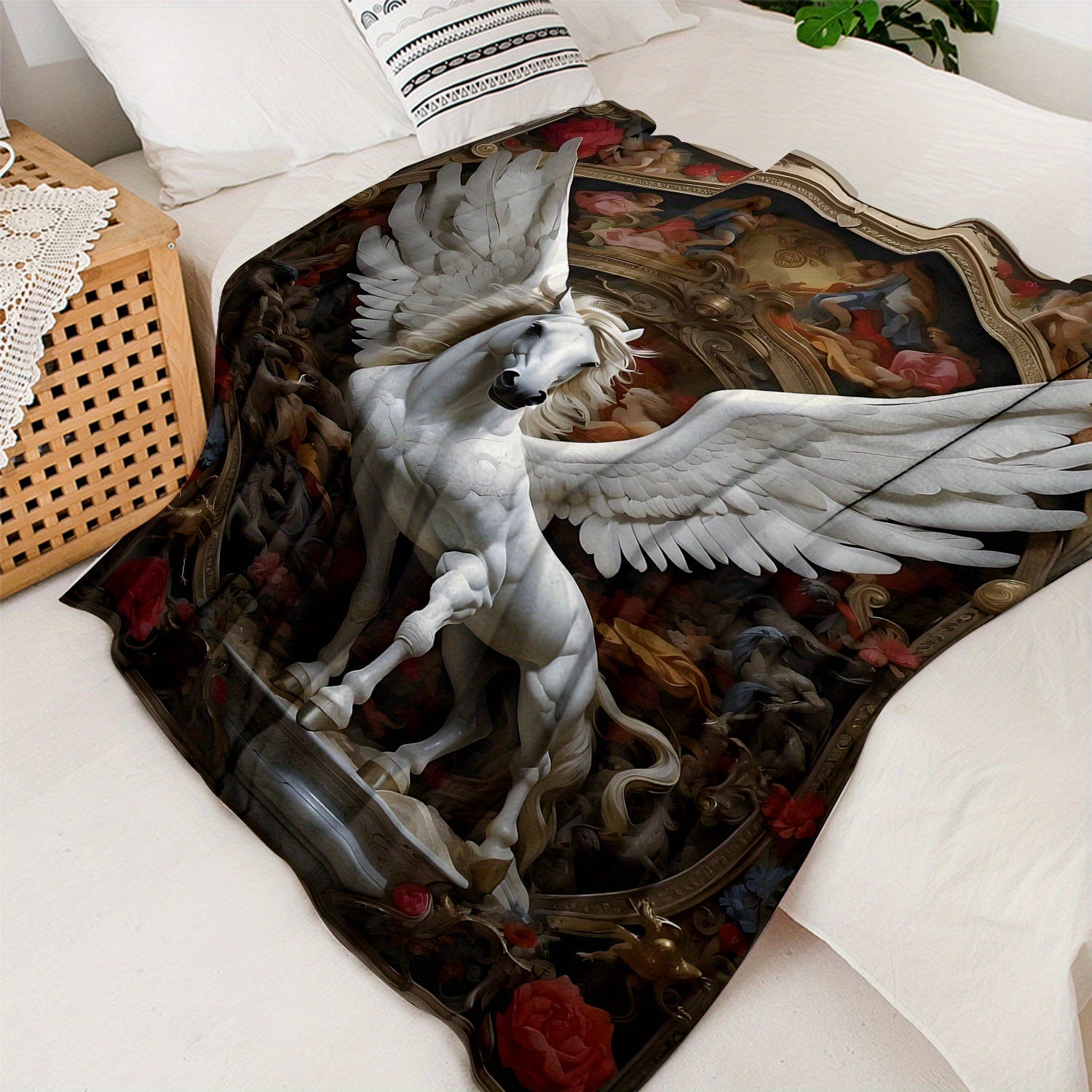 Soft Knitted Polyester Blanket with White Pegasus and Floral Angel Wings 70x100cm