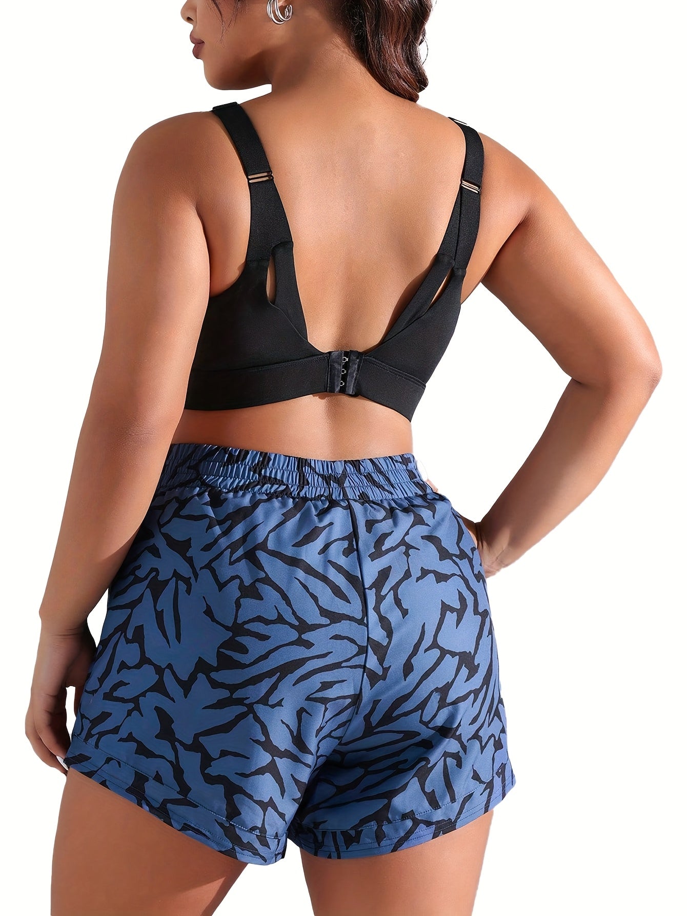 Women's Plus Size Printed Shorts with Pockets, High Stretch Fabric, Blue Abstract