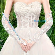 Women's Long Lace Gloves with Sheer Mesh Sleeves for Weddings and Photos
