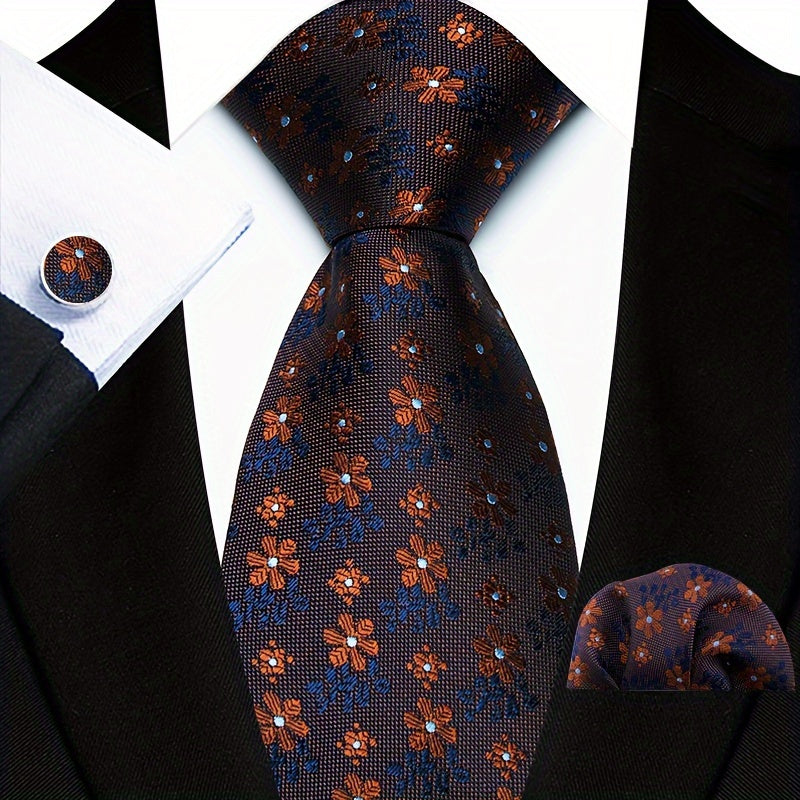 Men's Plaid Paisley Flower Tie Set with Cufflinks and Handkerchief Pack of 3