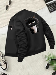 Plus Size Women's Casual Cartoon Cat Print Jacket with Zipper Front