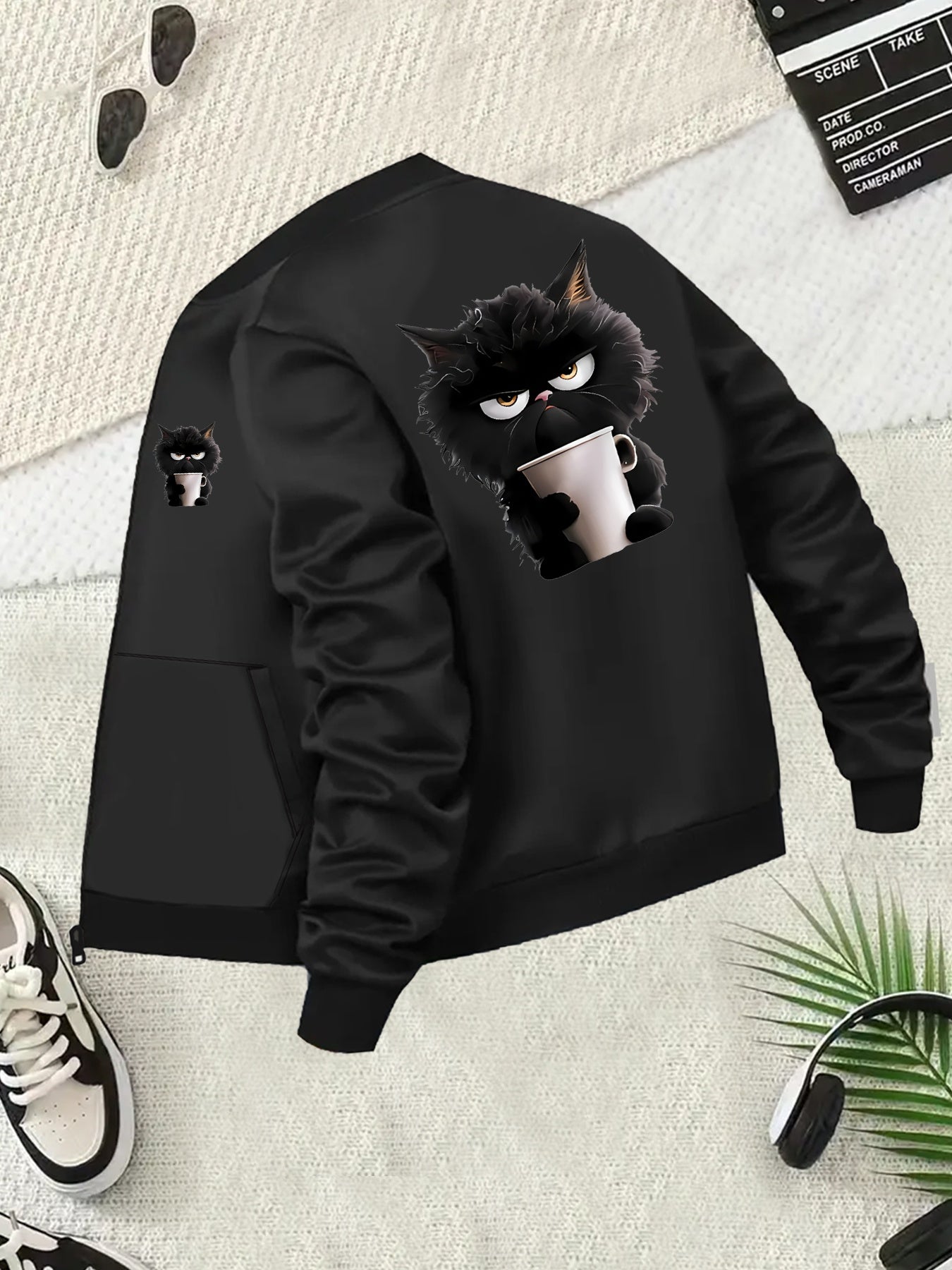 Plus Size Women's Casual Cartoon Cat Print Jacket with Zipper Front
