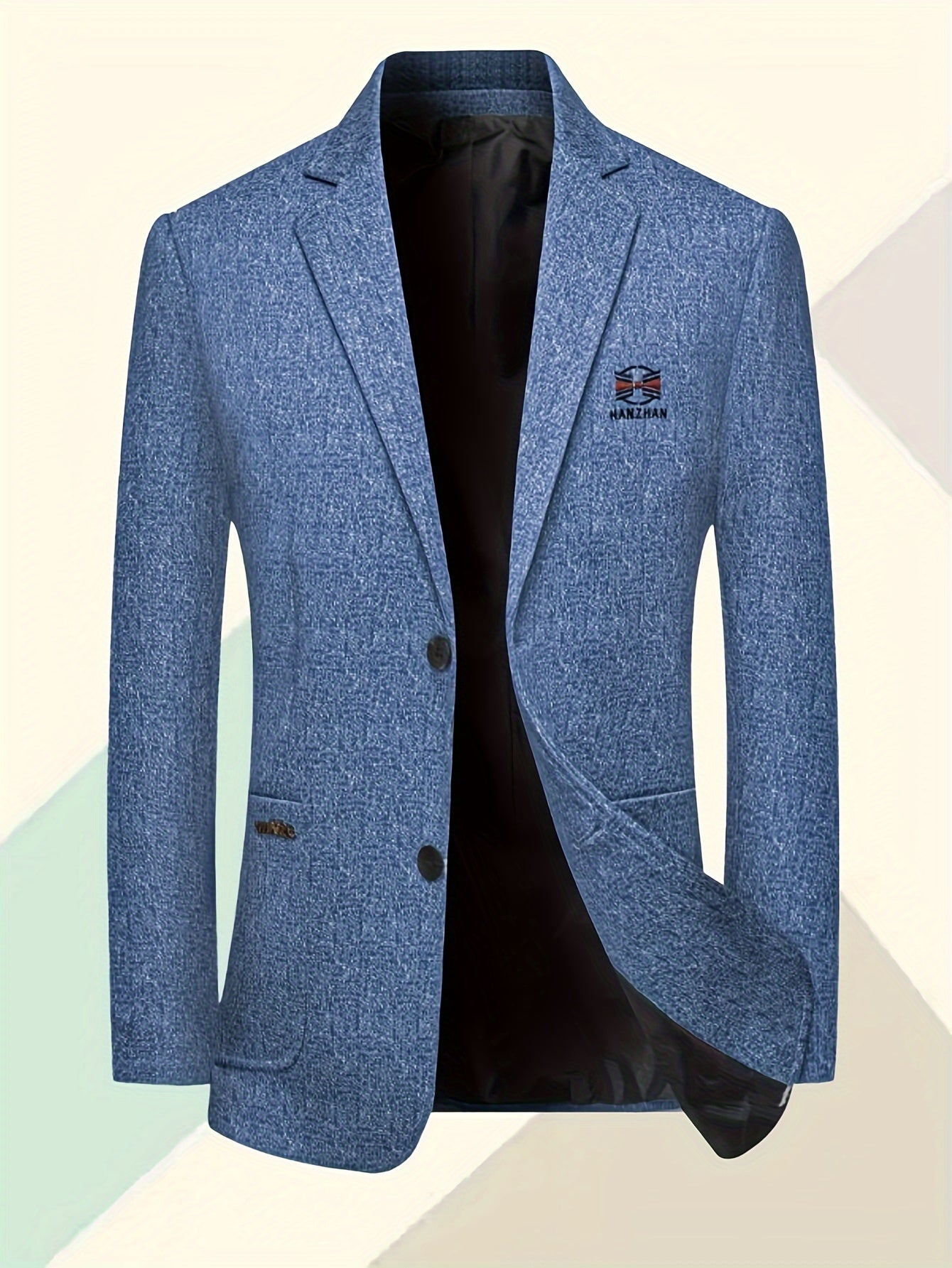 Blazer casual de negocios azul claro para hombre con cuello de solapa, mangas largas, bolsillos laterales, poliéster