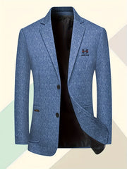 Blazer casual de negocios azul claro para hombre con cuello de solapa, mangas largas, bolsillos laterales, poliéster