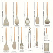 Silicone Kitchen Utensil Set 12 Pieces Non-Stick Cooking Tools with Wooden Handles
