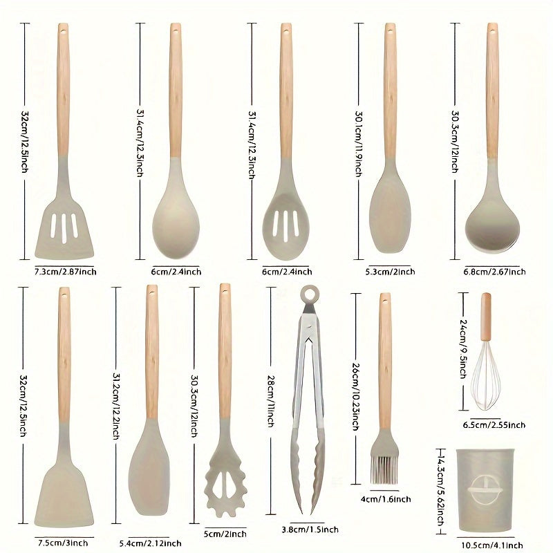Silicone Kitchen Utensil Set 12 Pieces Non-Stick Cooking Tools with Wooden Handles