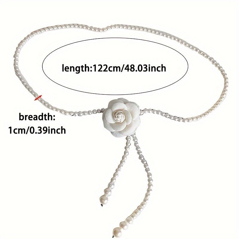 Women's Pearl Belt with Camellia Decoration Faux Pearl Waist Chain for Casual and Party Wear