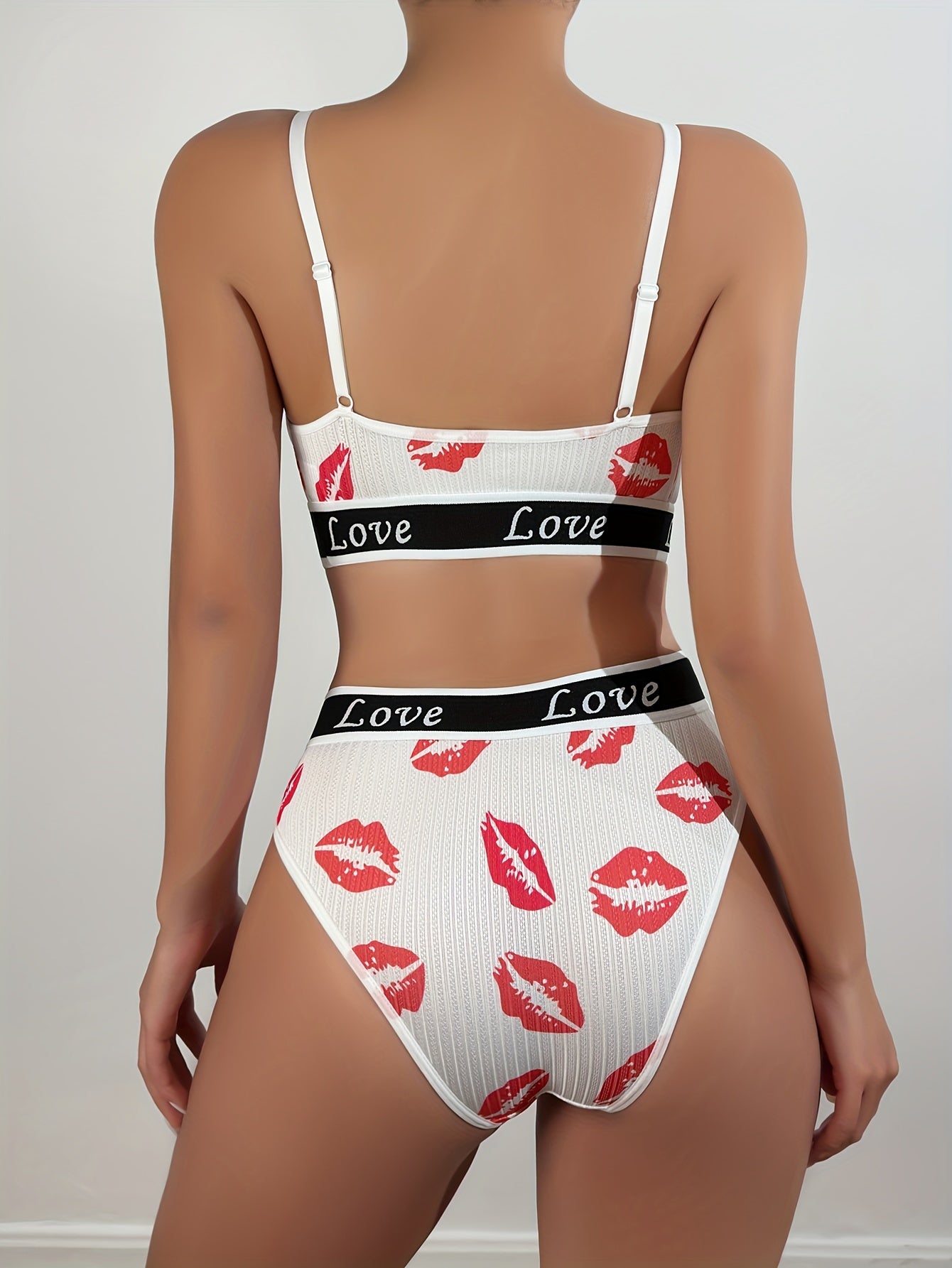 Women's Cartoon Lingerie Set Made of Polyester and Elastane with Letter and Lip Prints