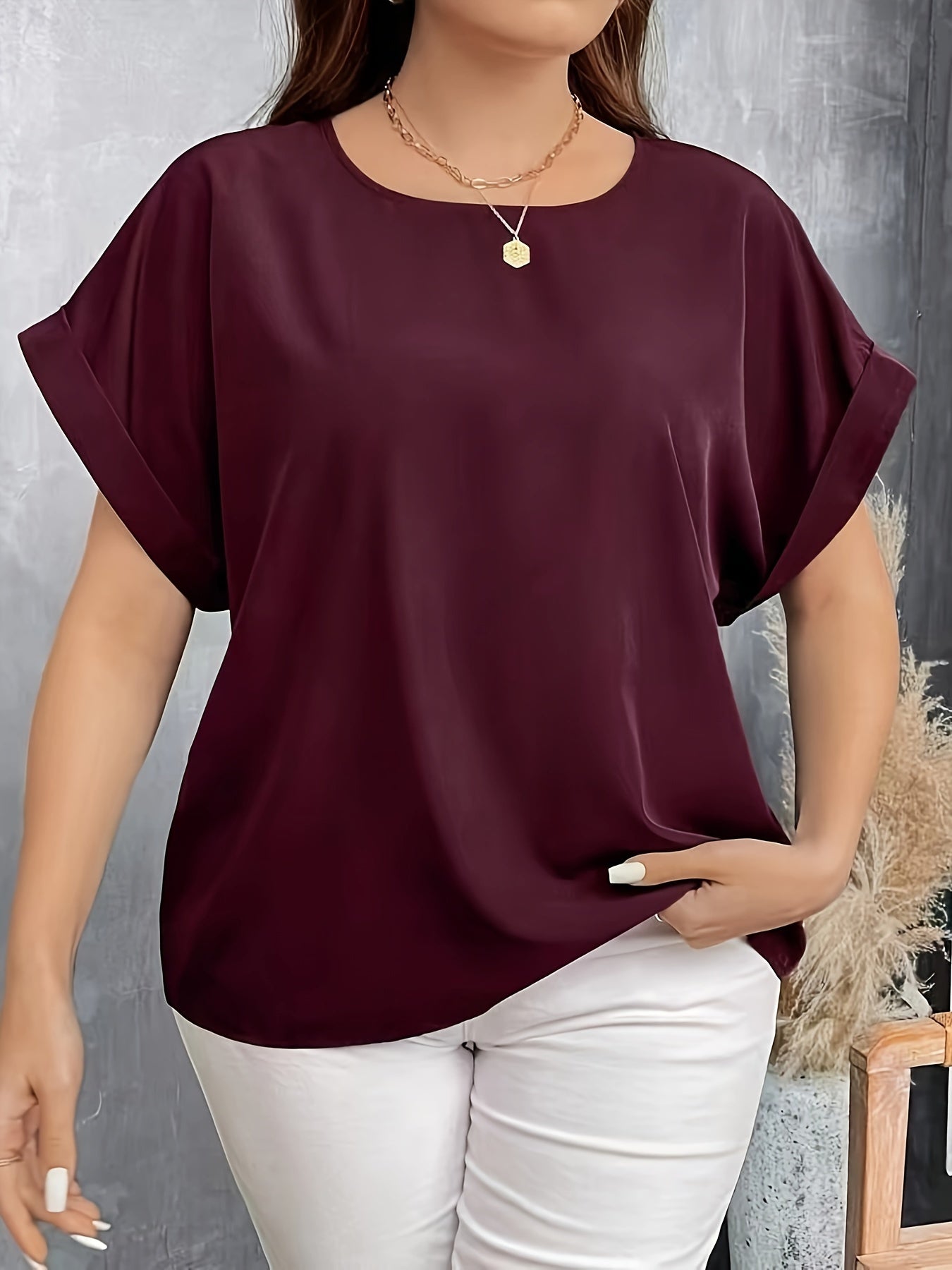 Plus Size Women's Burgundy Drop Shoulder Shirt Casual Short Sleeve Top
