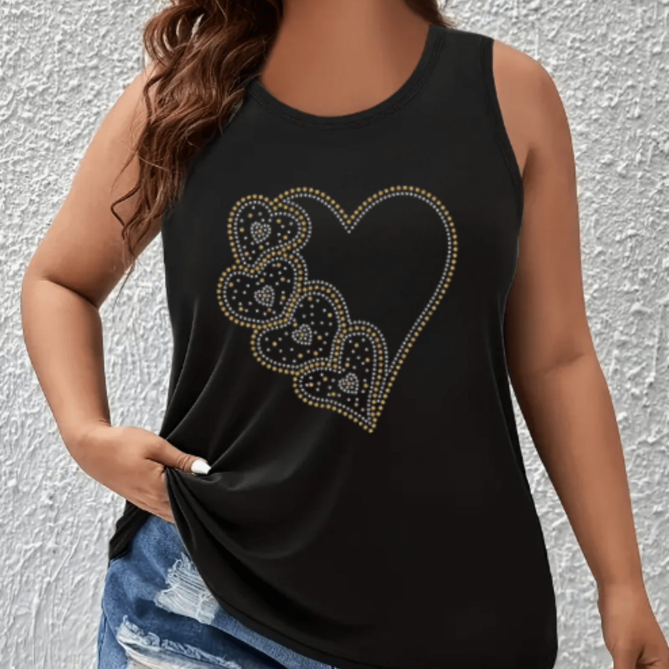 Plus Size Women's Heart Print Tank Top Off-Shoulder Breathable Stretchy Summer Casual