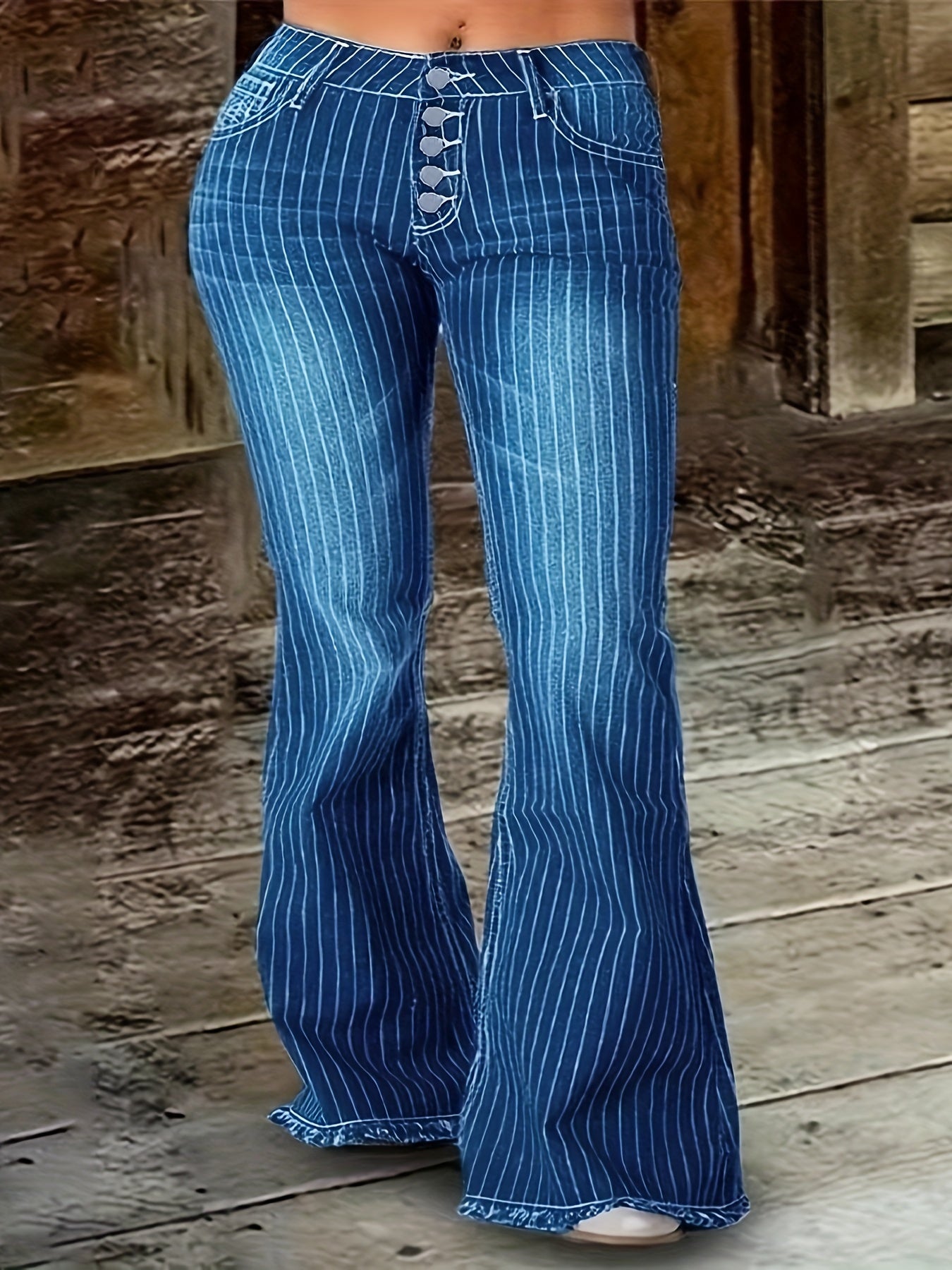 Women's Plus Size High-Waisted Flared Pants Blue White Striped Wide-Leg Trousers