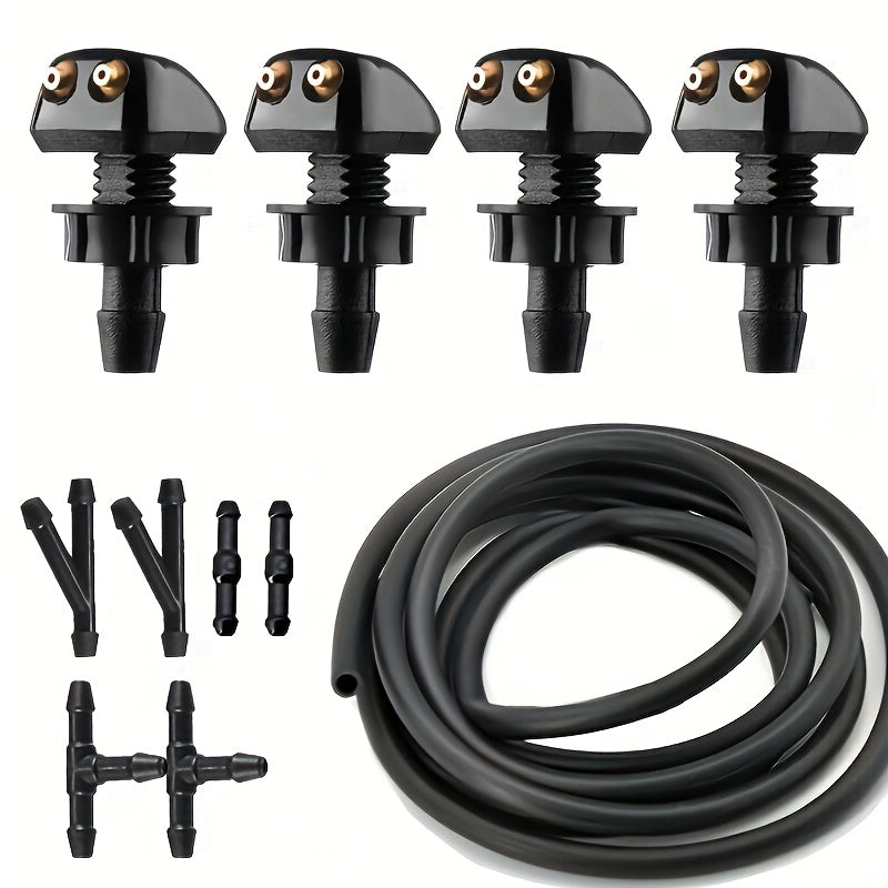 Universal Car Windshield Wiper Nozzle Set 100cm Hose 6 Connectors Dual Spray