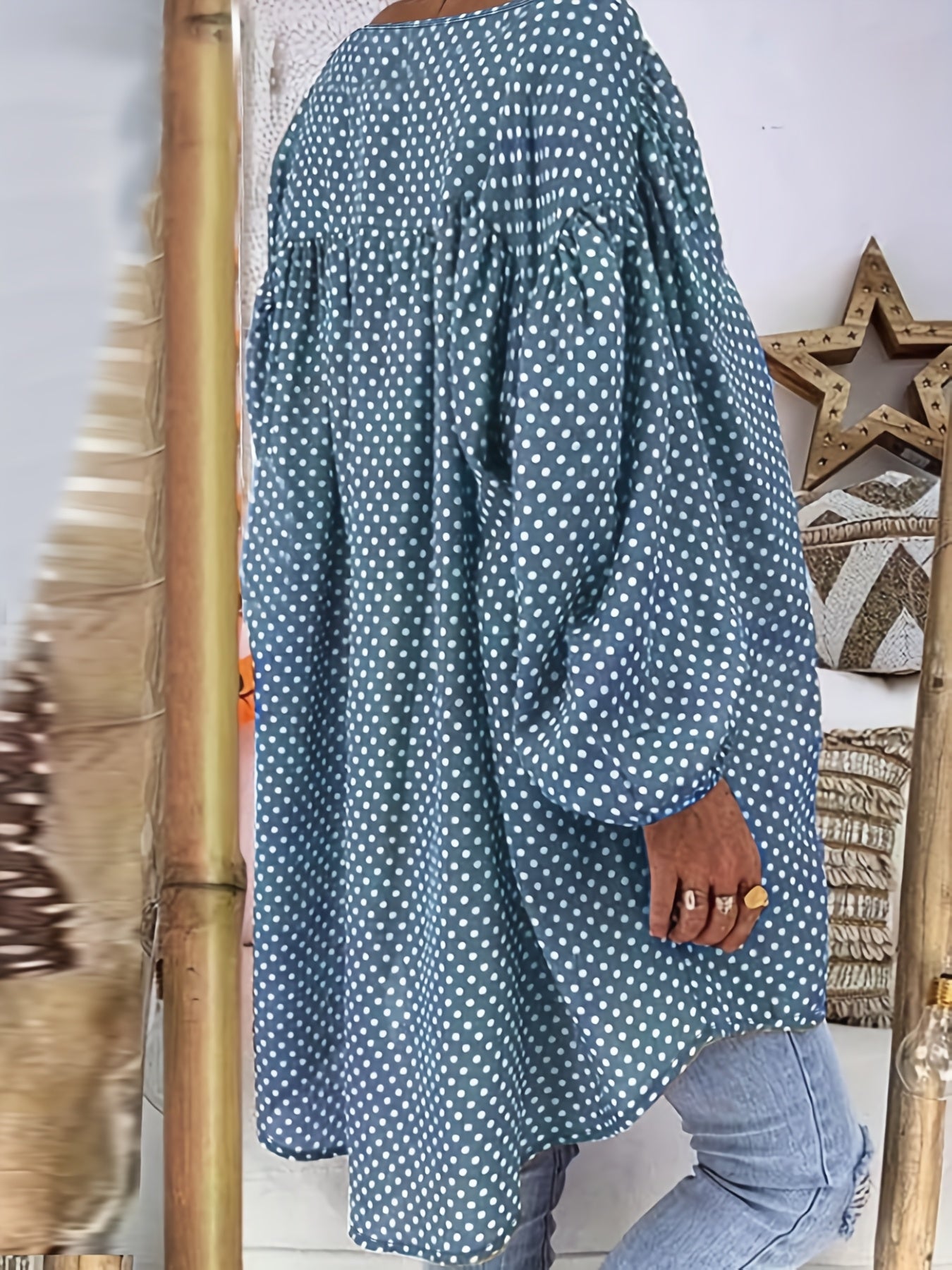 Plus Size Women's Casual V-Neck Tie Front Blouse Blue White Polka Dots