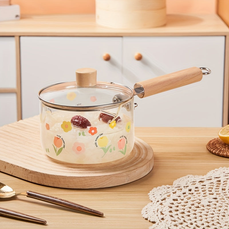 Patterned Glass Saucepan 1.5L with Lid Handle Heat-Resistant for Stovetop Cooking