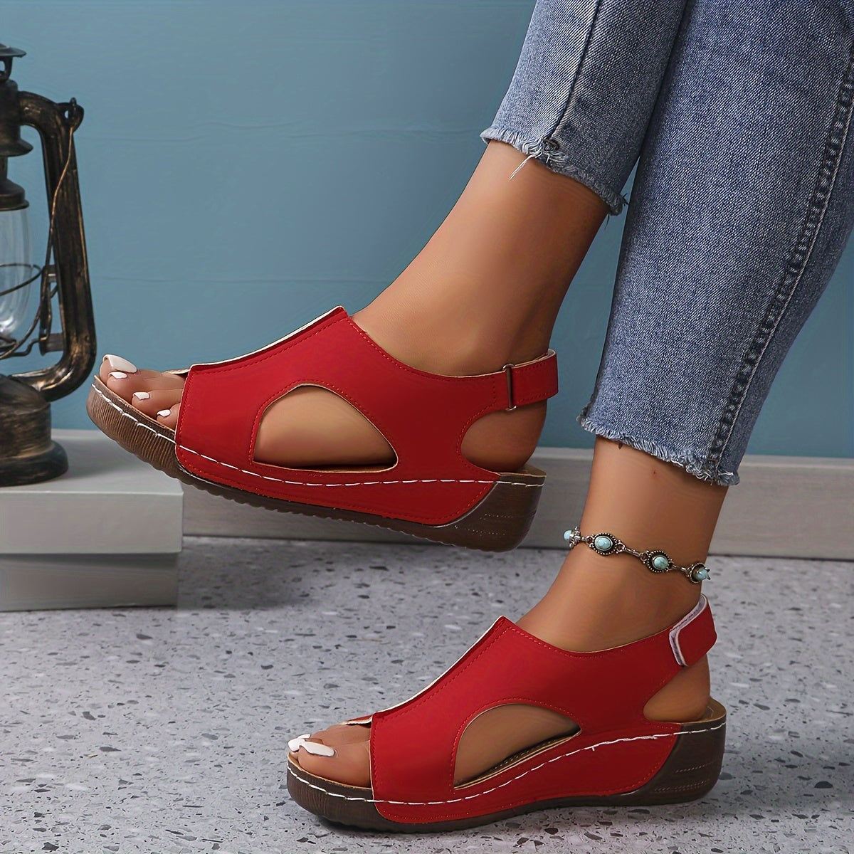 Ayollar uchun retro wedge sandallar, ochiq barmoq, yopishqoq yopish, sun'iy qoplama, barcha mavsumlar uchun qulaylik.