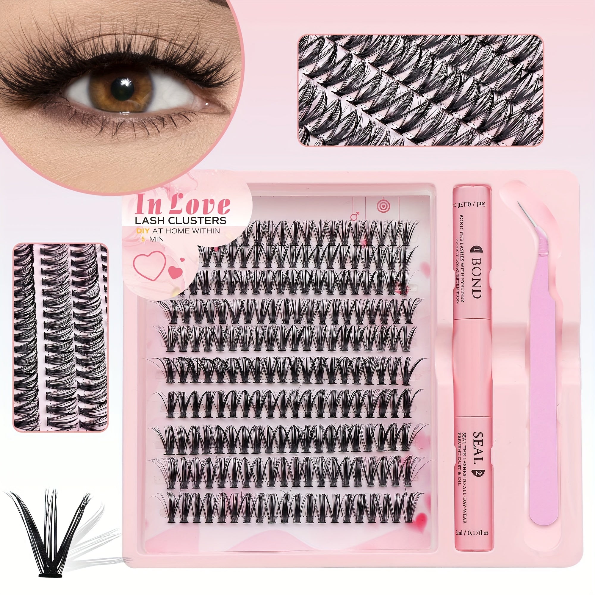 Large Capacity 10 Row 200 Cluster Eyelash Set with C-Curl, Natural Lash, Tweezers