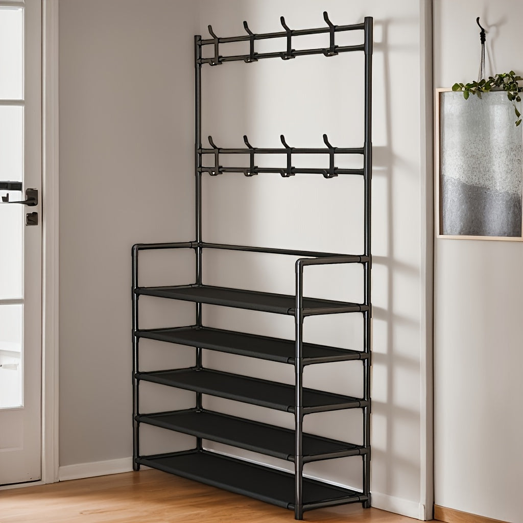 Metal Shoe Rack with 4/5 Tiers and 8 Hooks Black White Organizer Easy to Assemble